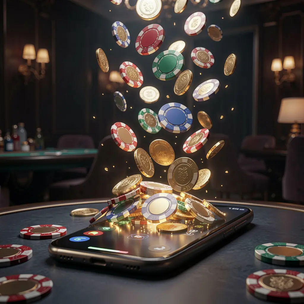 BD6666 online gaming app displayed on a glowing smartphone screen with casino chips and coins emerging, set against a luxury dark background with cinematic lighting in a high detail 3D render