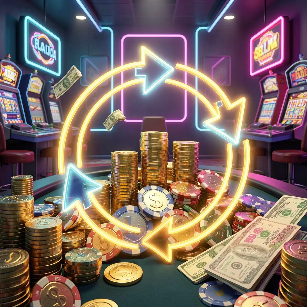 BD6666 reload bonus casino visual featuring glowing circular arrows around coins, chips, and cash with a modern neon casino background in a high detail 3D render