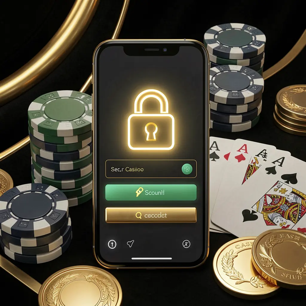BD6666 secure casino account login concept showing a glowing lock icon on a smartphone screen with poker chips, playing cards, and golden coins on an elegant black and gold background in a realistic 3D render