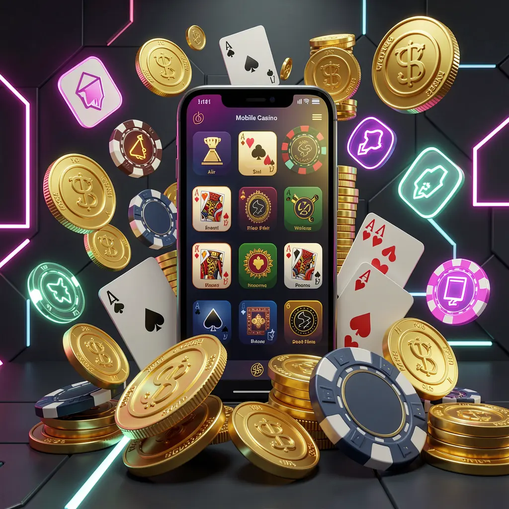 BD6666 mobile casino homepage concept showing a smartphone surrounded by golden coins, chips, cards, and glowing icons on a modern dark background with neon accents