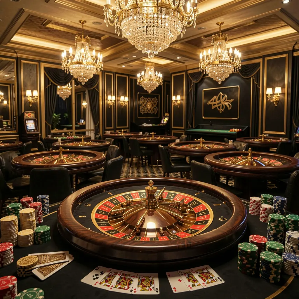 BD6666 luxury online casino lobby with glowing roulette tables, golden lights, poker chips and cards in a premium black and gold design